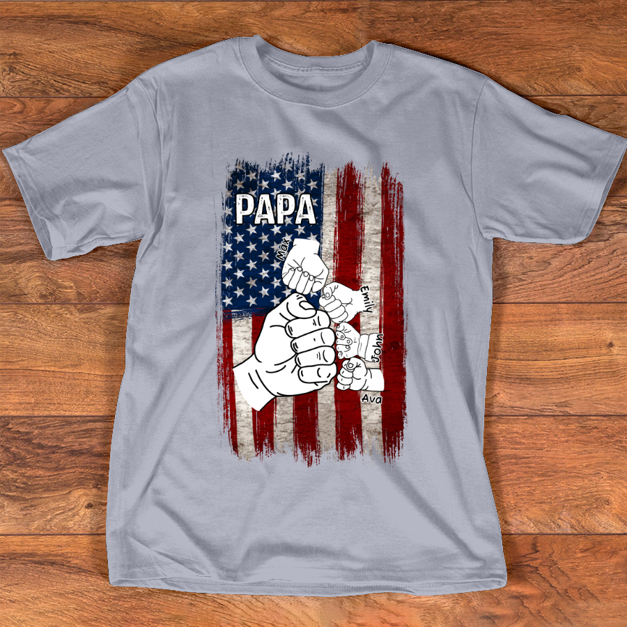 Papa Grandpa American Vertical Flag Grandkids Hands T-Shirt