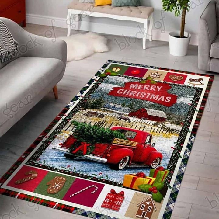 Christmas Gift Red Truck Rug Merry Christmas