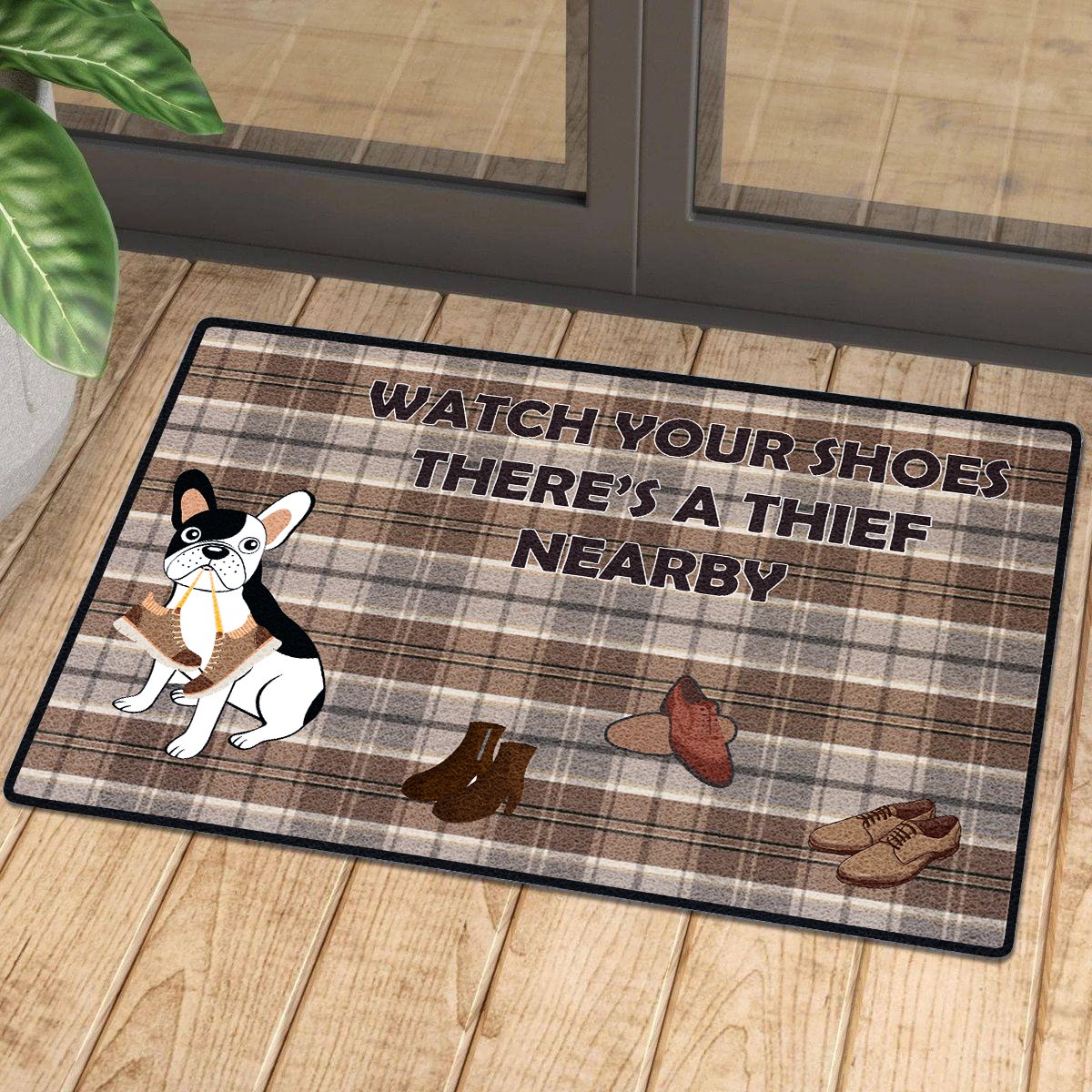 Watch Out Your Shoes French Bulldog Doormat | Colorful | Size 8X27” 24X36”