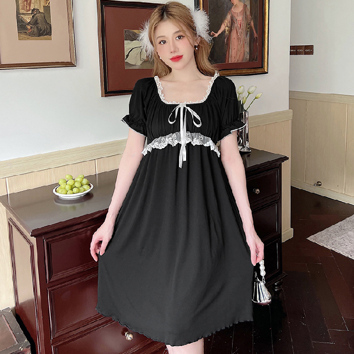 Women’s Sleep & Lounge New Women Sleep Skirt Cotton Short Sleeves Nightdress Black with Chest Pad Ladies Shirt Casual Home Dress alx