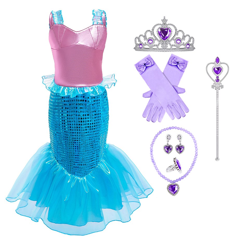 Ariel Mermaid Princess Dress Little Girl Summer Clothes Children Carnival Strap Costume Birthday Sequin Cosplay Dress Up Girls alx