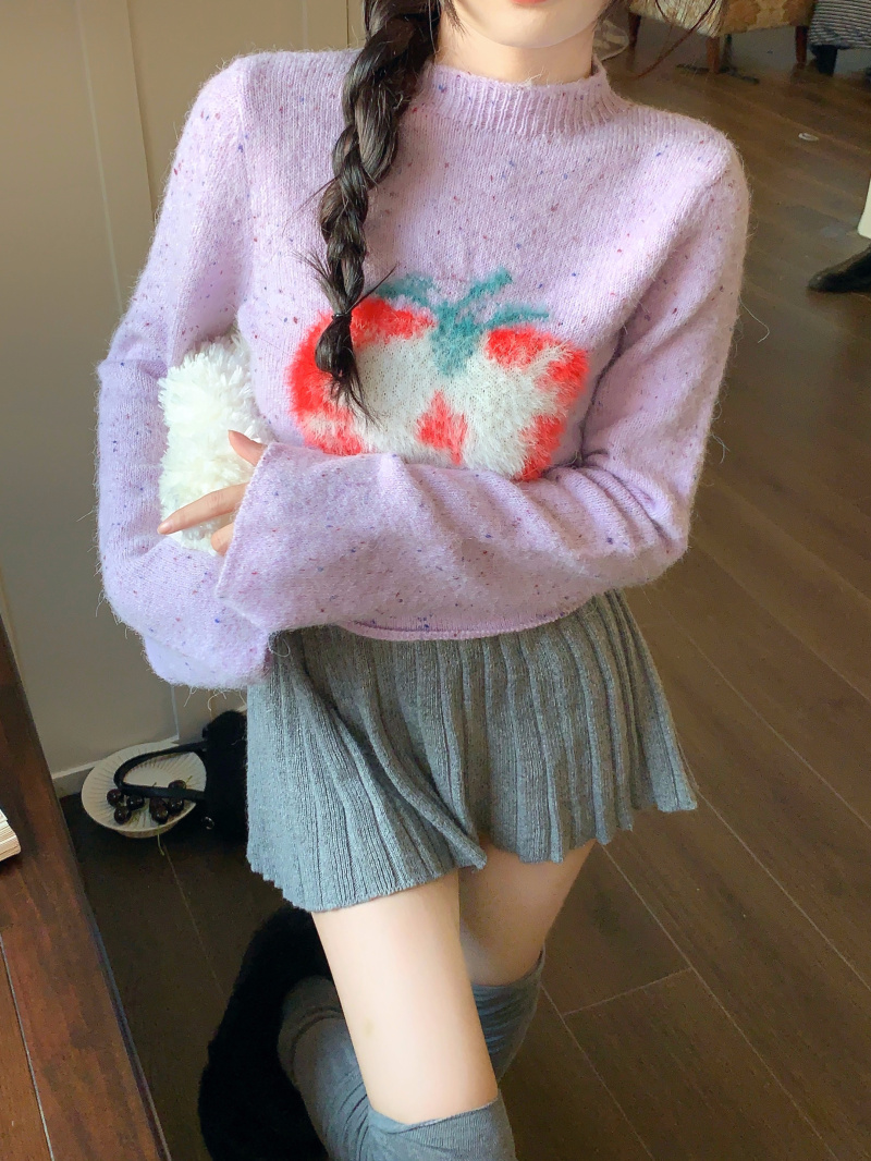 Cute Fruit Knited Warm Cropped Sweater Women 2023 Winter Korean Fashion 2000s Clothes Y2k Long Sleeve Pullover Kawaii Crop Tops alx