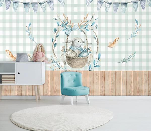 3D Blue Lattice Rabbit Basket Feather Wall Mural Wallpaper 1028