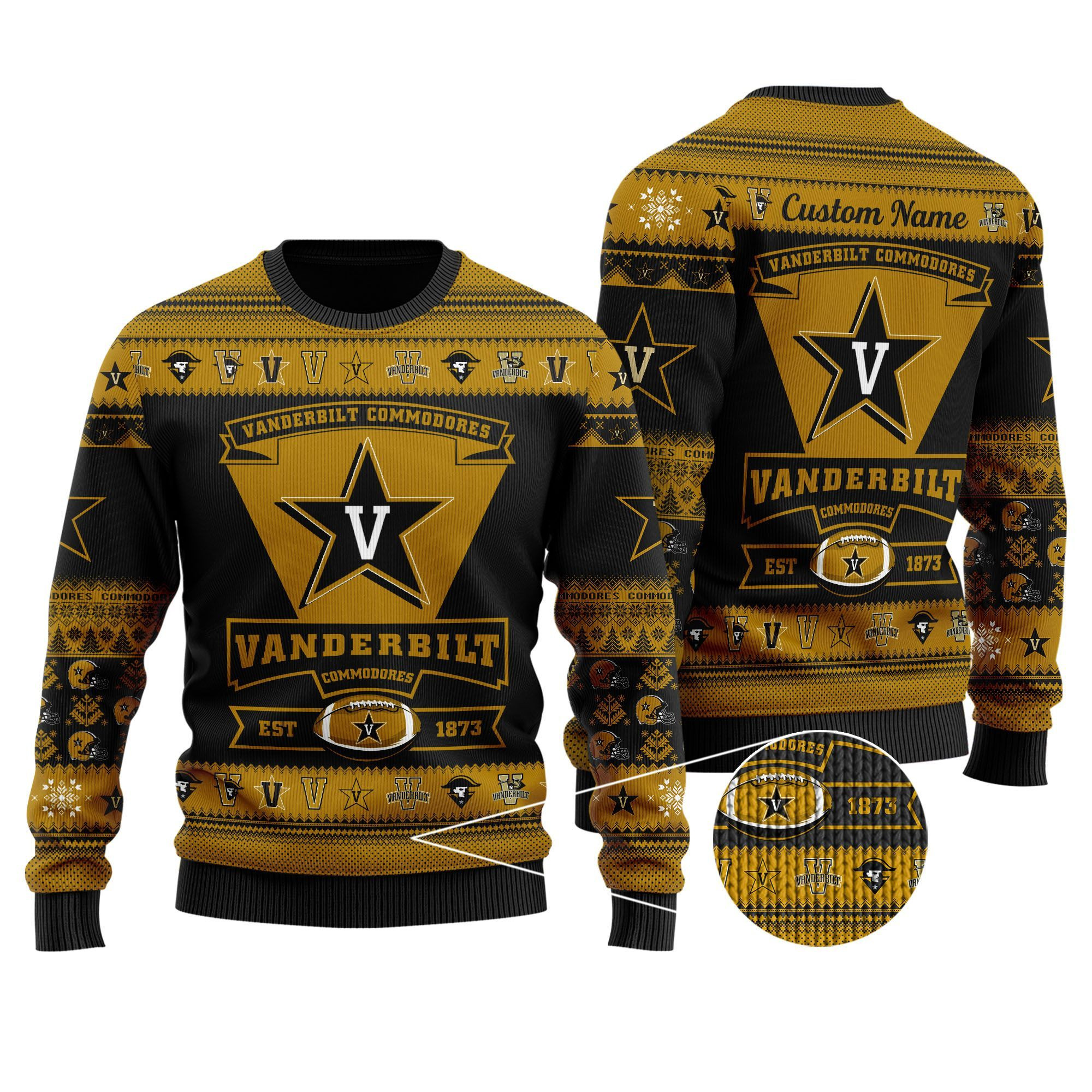 Vanderbilt Commodores Football Team Logo Custom Name Personalized Ugly Christmas Sweater Holiday Party 2021 Men Women Plus Size