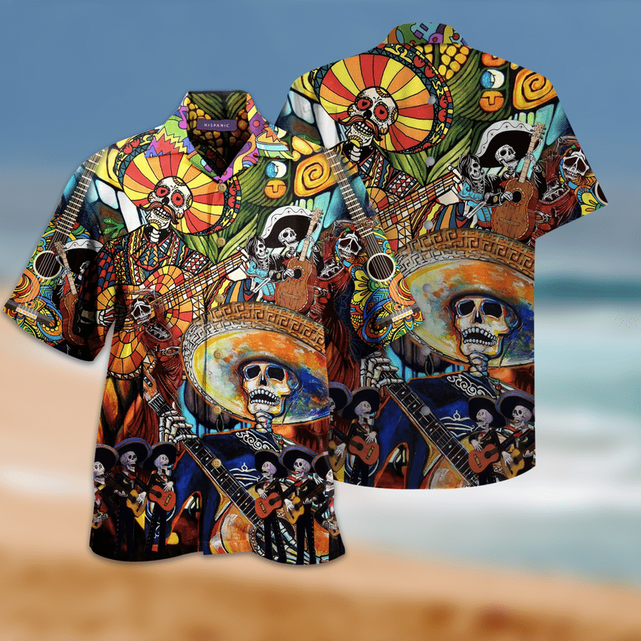 Hippie Halloween Play A Guitar Print Polyester Hawaii Aloha Shirt Ha75436