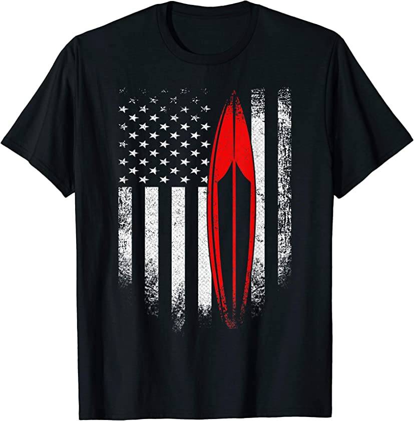 Vintage USA Surfboard American Flag Wake Surf Surfer Funny T-Shirt