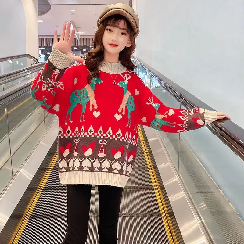 4-16Years Kids Christmas Sweaters for Girls Toddler Children Red Pullover Sweaters Coat Teenager Girls Soft Warm Sweater Jacket alx