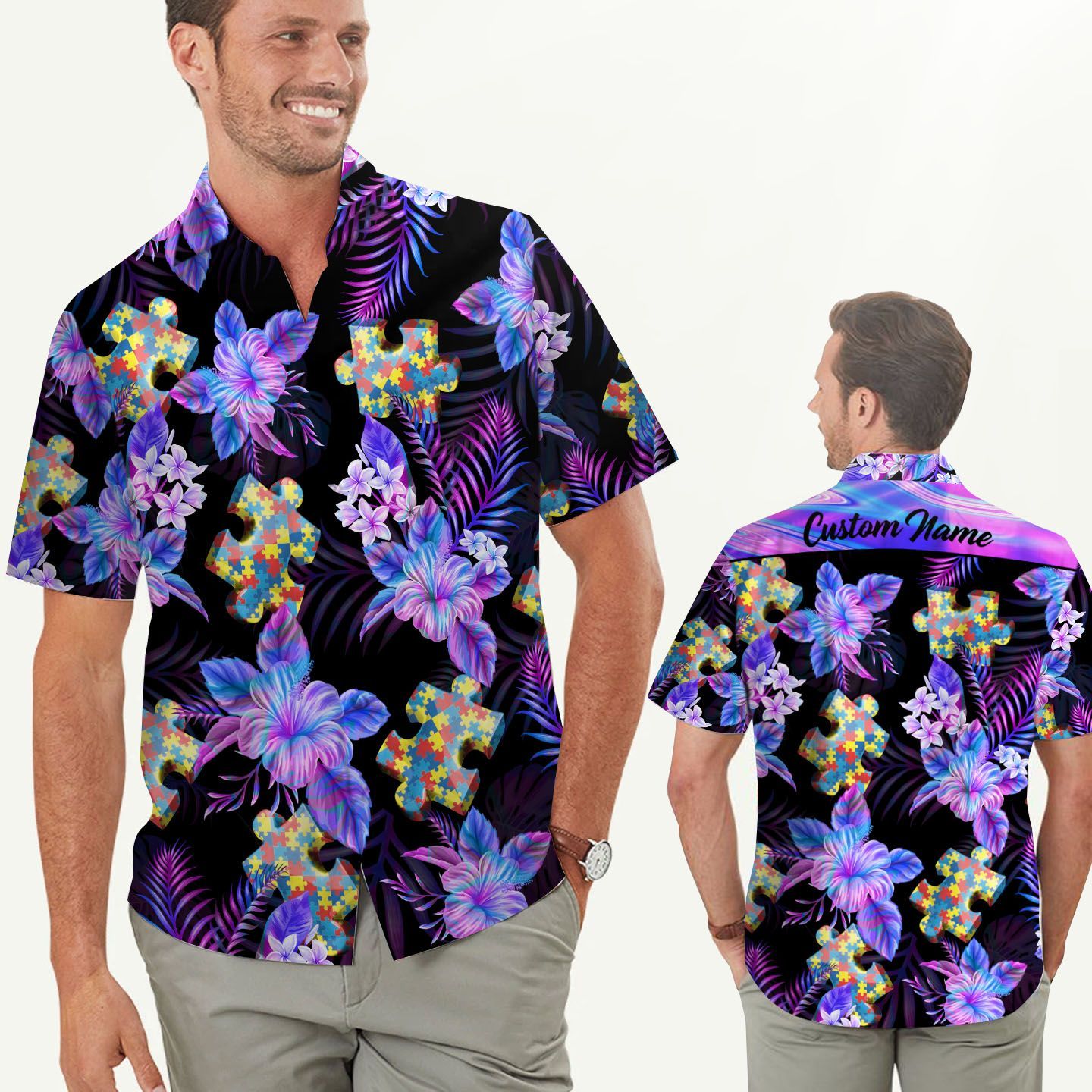 Beach Shirt Autism Holographic Tropical Flowers Custom Name Men Hawaiian Shirt