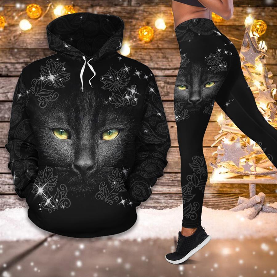 Black Cat All Over Print Leggings Hoodie Set Outfit For Women | Hts1706