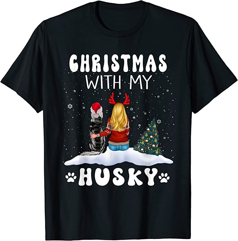 Christmas With My Husky Dog Puppy Funny Xmas T-Shirt