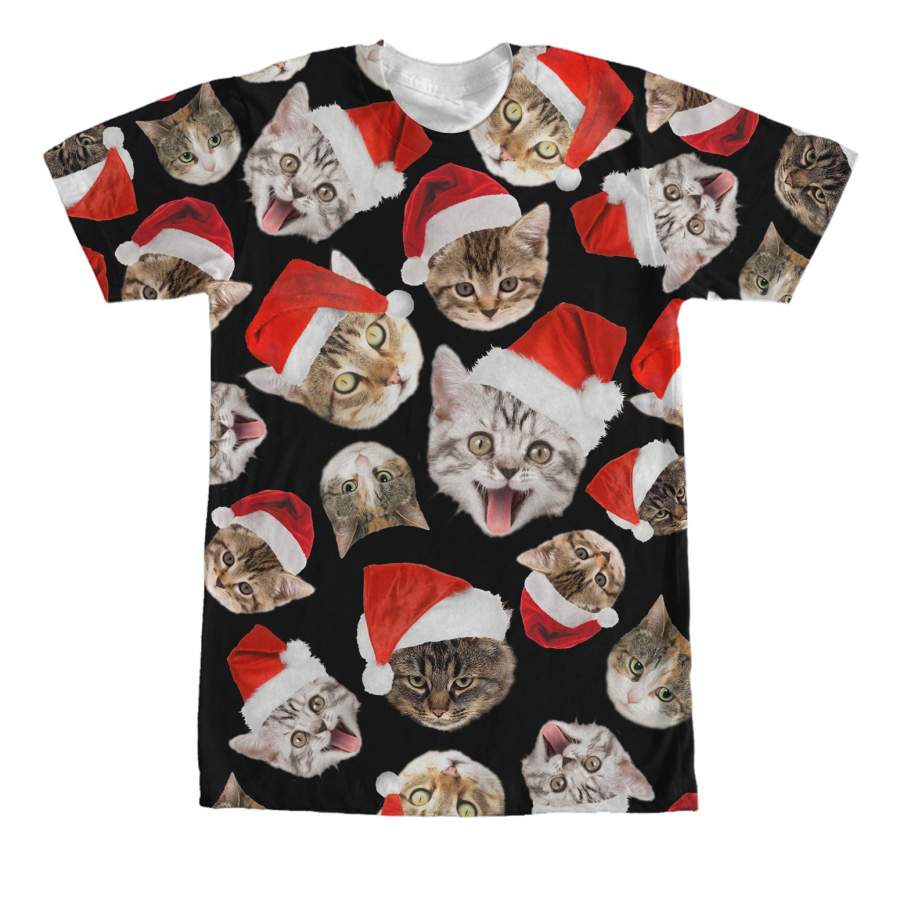 Lost Gods Men’s Ugly Christmas Cat Santa Hat Explosion  All-Over T Shirt