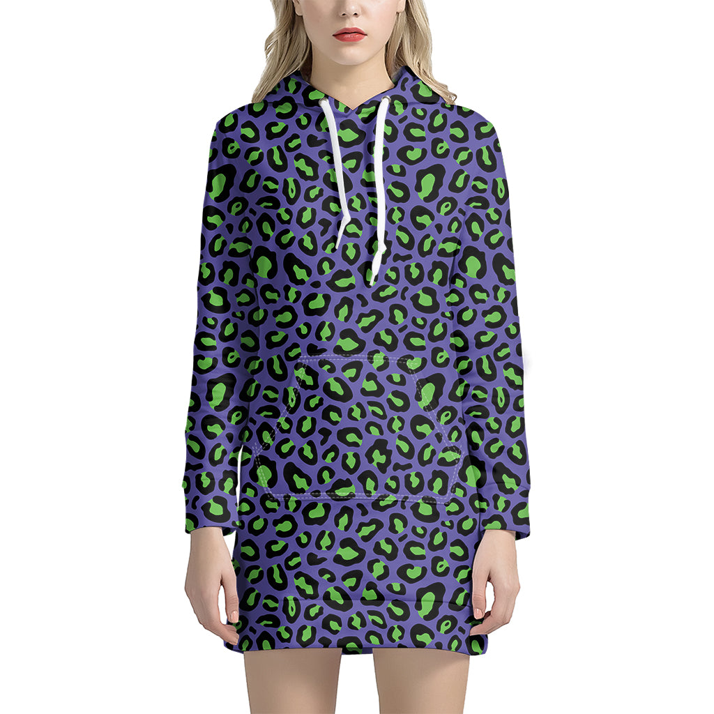 Purple And Green Leopard Pattern Print Women’S Pullover Hoodie Dress