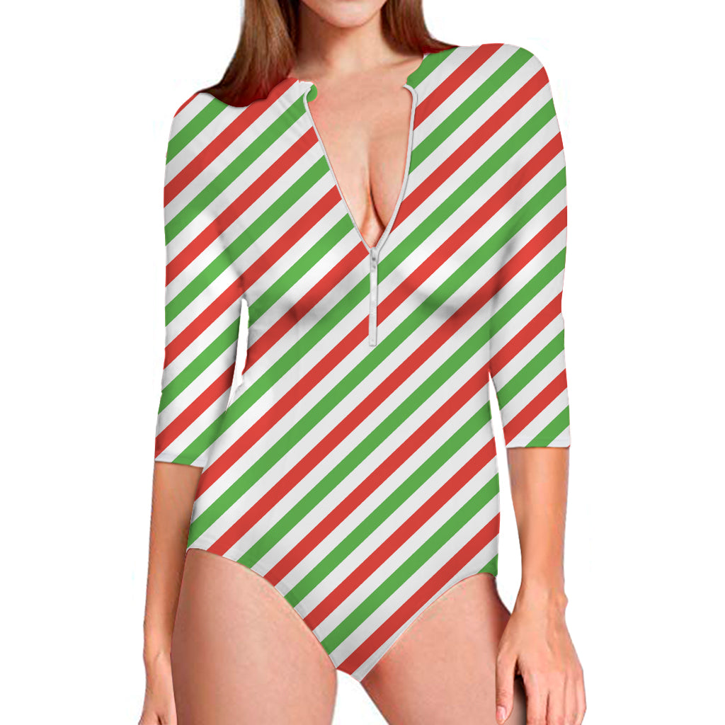 Christmas Candy Cane Striped Print Long Sleeve One Piece Swimsuit