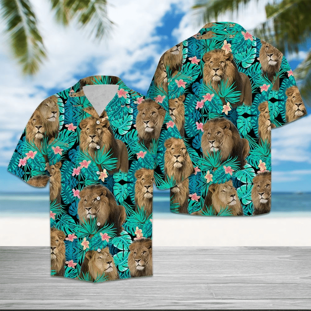 Waybackapparel Lion Tropical Flowers 3D Hawaiian Shirt