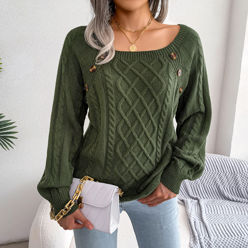 2022 Winter Fashion Clothing Solid Casual Square Neck Button Twist Knitted Pullover Long Sleeve Tops Sweater for Women 23721 alx