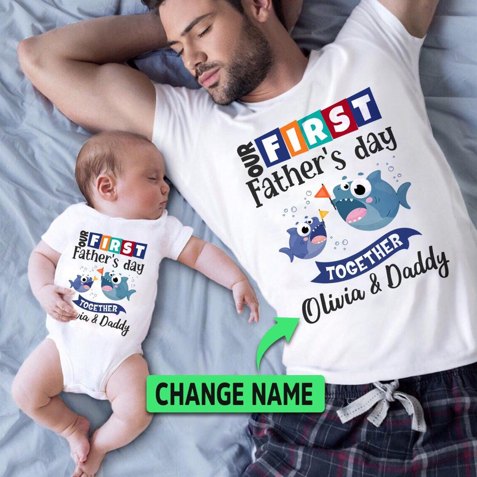 Personalized Matching T-Shirt & Baby Onesie Our First Father’S Day Cute Funny Fish Printed Custom Name Daddy & Baby Set