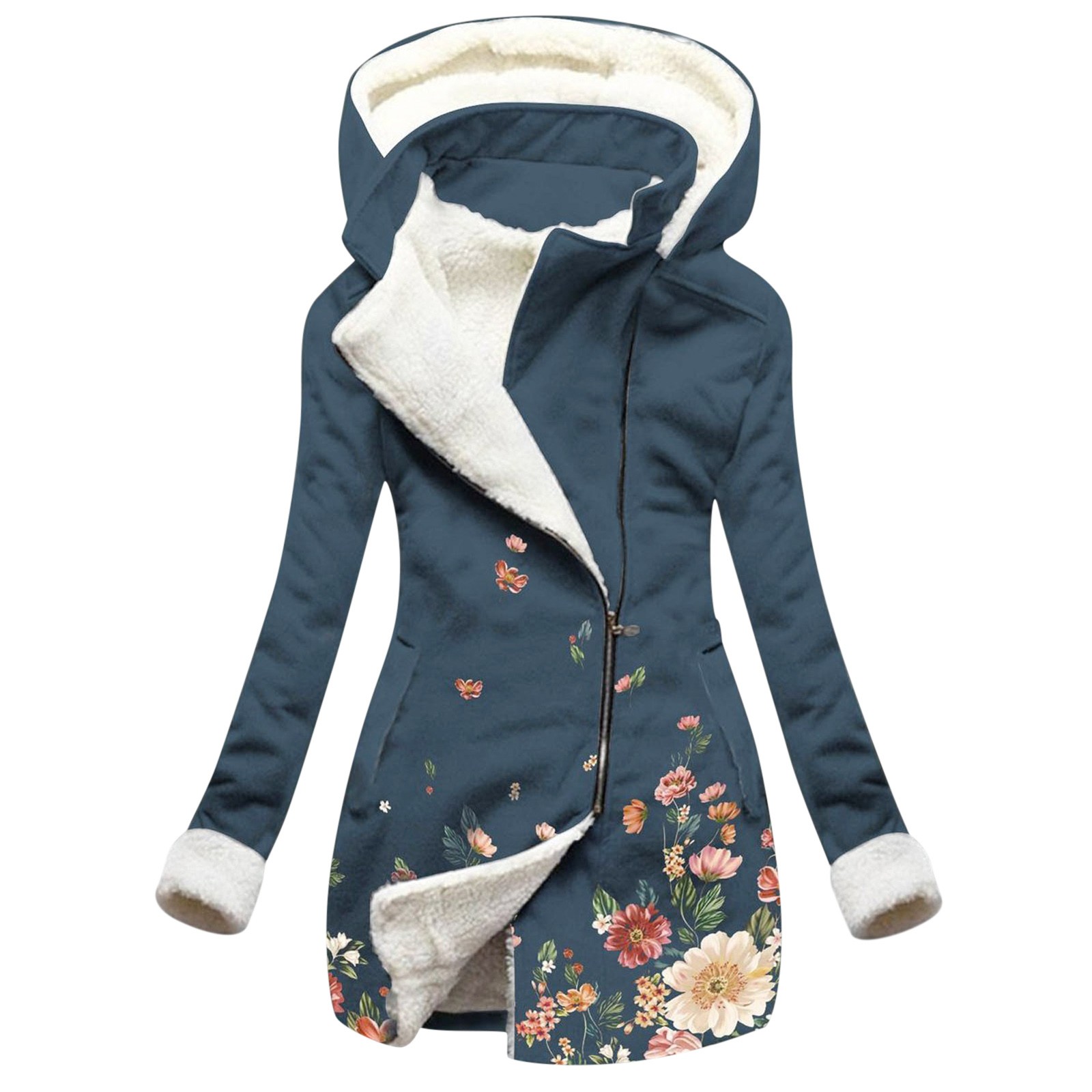 Women Winter Jacket Casual Floral Print Warm Plush Hooded Pockets Cropped Jacket Sweatshirt Zip Up Coat Manteau Femme Hiver alx