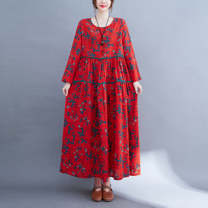 2022 Spring Autumn New Cotton Vintage Floral Print Dresses For Women Long Sleeve Loose Casual Long Dress Elegant Femme Clothing alx