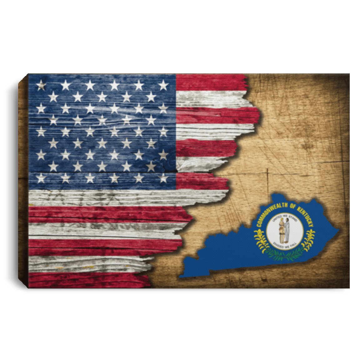 United States/Kentucky Flag Ripped Effect 12X8 Inches Landscape Canvas .75In Frame