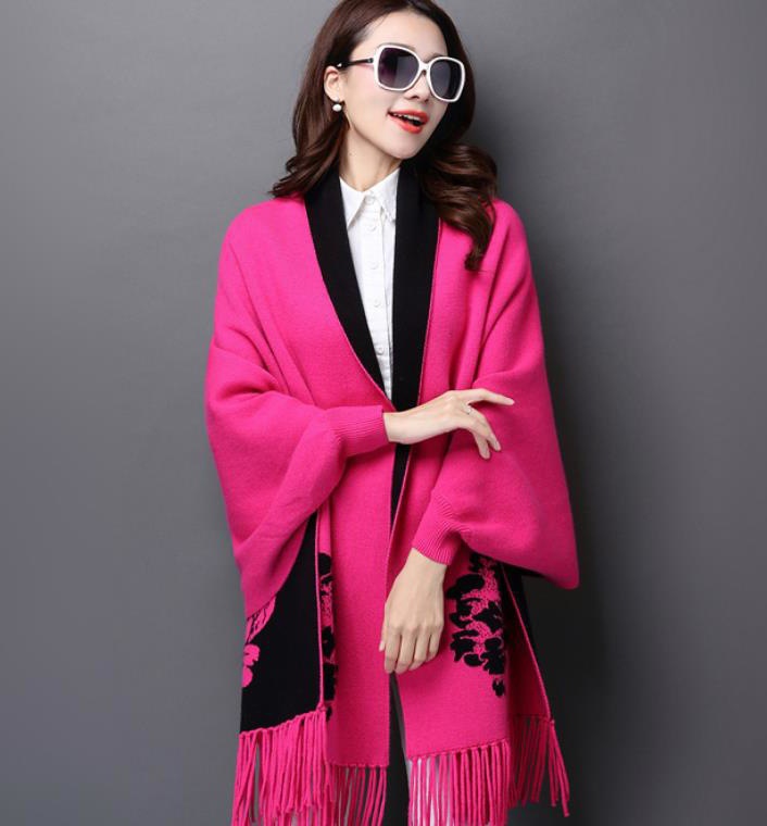 Autumn New Women’s Wool Elegant Socialite Cashmere Tassel Cardigan Embroidery Flower Scarves Sweaters Batwing Sleeves Scarf alx