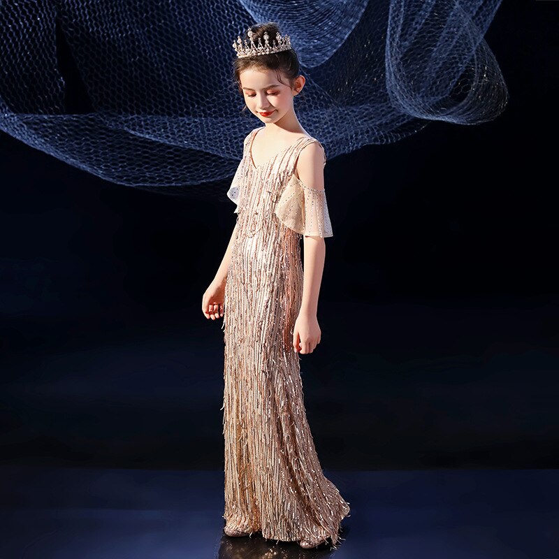 2022 Evening Dress for Girls Kids Elegant Gowns Teen Birthday Party Dresses Children Mermaid Frocks Sexy Sequins Beads Vestidos alx