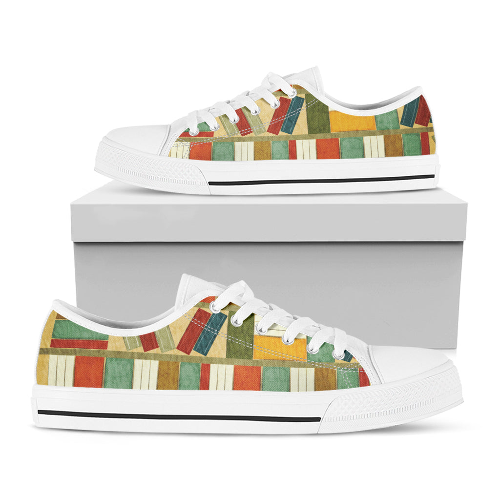 Watercolor Bookshelf Pattern Print White Low Top Shoes