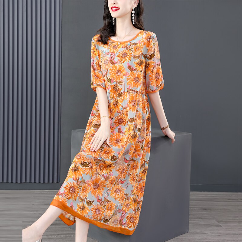 Women Print Floral Silk Ruffled O-Neck Sexy Midi Dress Summer Beach Style Butterfly Slevee Dress 2022 Korean Elegant Dress alx