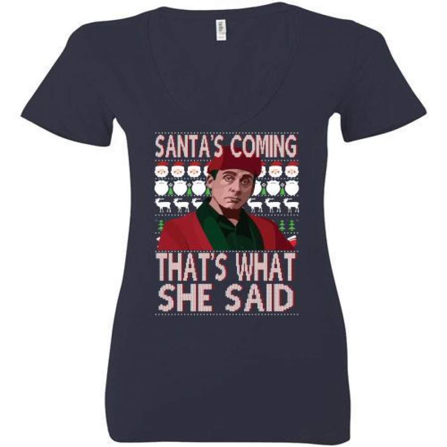 Santa Bond – Santa’s Coming That’s What She Said Christmas Ladies Deep V-Neck