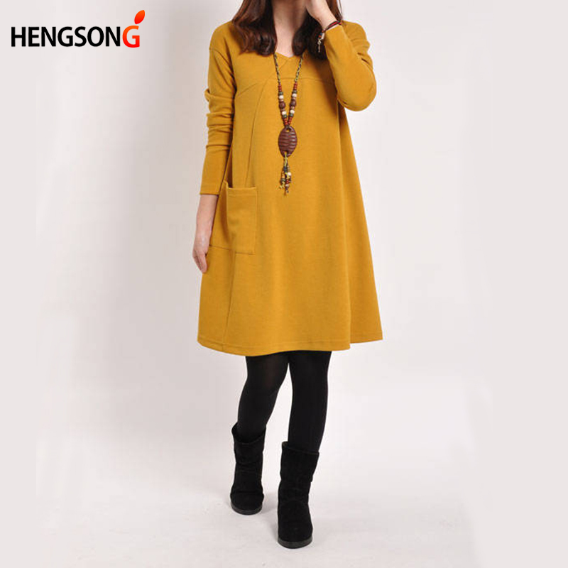 2022 Autumn Dress Women Winter Long Sleeve Pocket Dress Solid O Neck Casual Loose Party Dresses Fashion Vestidos Plus Size S-4XL alx