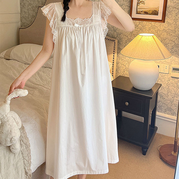 Summer Women Sleepwear Cotton Princess Dress White Sleeveless Nightdress Vintage Lady Girl Lace Nightgowns Pajamas Nightwear alx