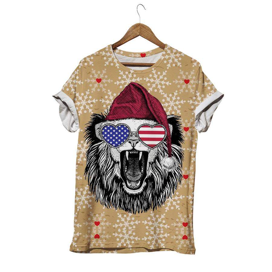 Wild Animal Wearing American Flag Glasses And Christmas Santa Claus Hat Red Winter Hat Lion T-shirt