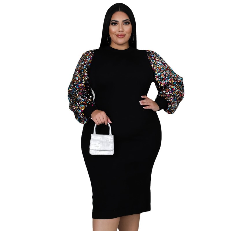 XL-5XL Winter 2022 Plus Size Dresses Women Clothing Solid Color Long Puff Sleeve O Neck Sequins Casual Elegant Female Outfit alx