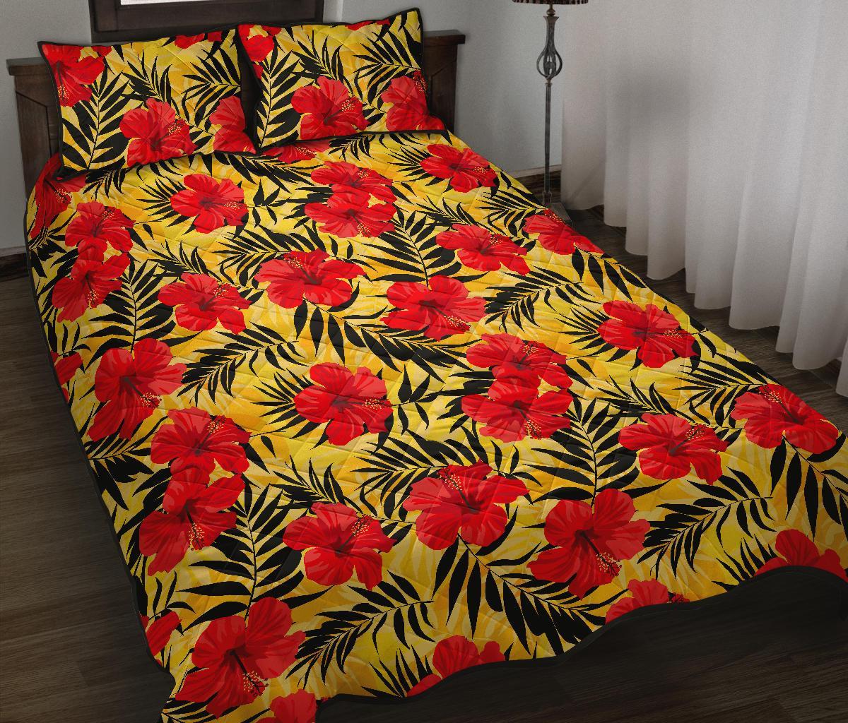 Hawaii Quilt Bed Set Tropical Flowers And Palm Leaves AH J1