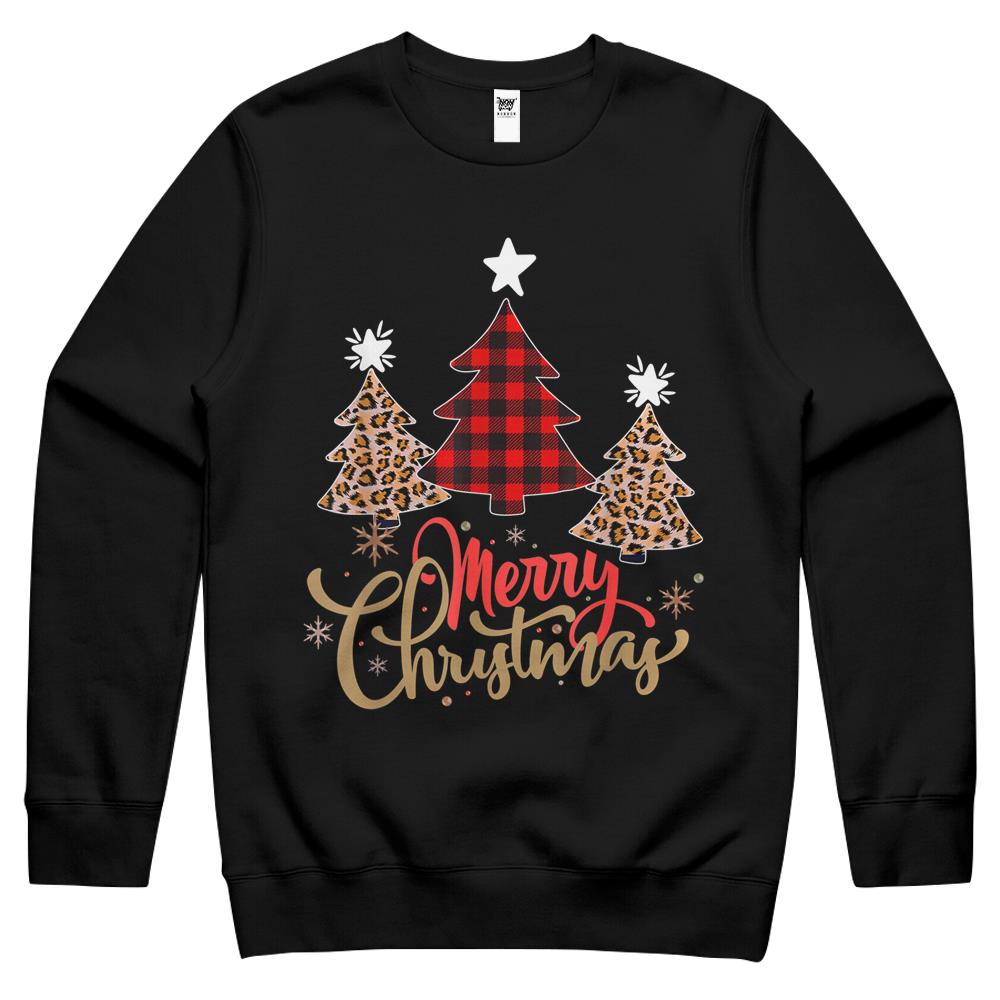 Women Leopard Plaid Christmas Tree Merry Christmas Crewneck Sweatshirt