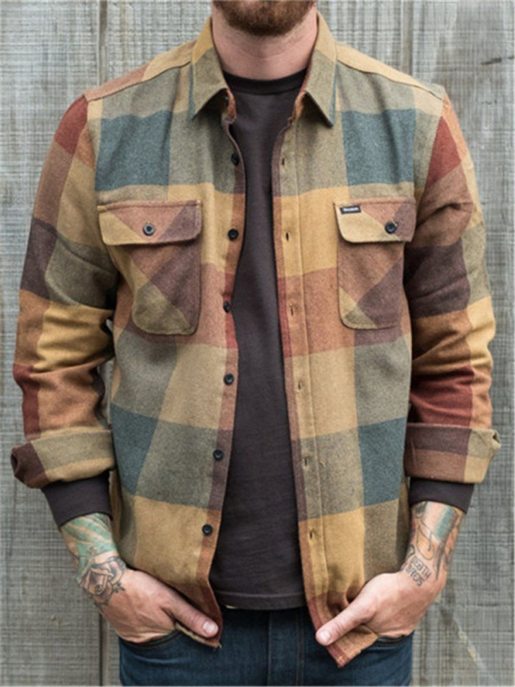 2022 Fall Men’s Shirt Jacket Casual Loose Flap Pocket Cardigan Shirt Jacket Single Breasted Plaid Shirt Jacket Coat Top alx