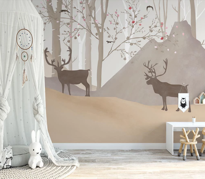 3D Cartoon Forest Tree Bucks Animal Leaves Plant Wall Mural Wallpaper Lxl