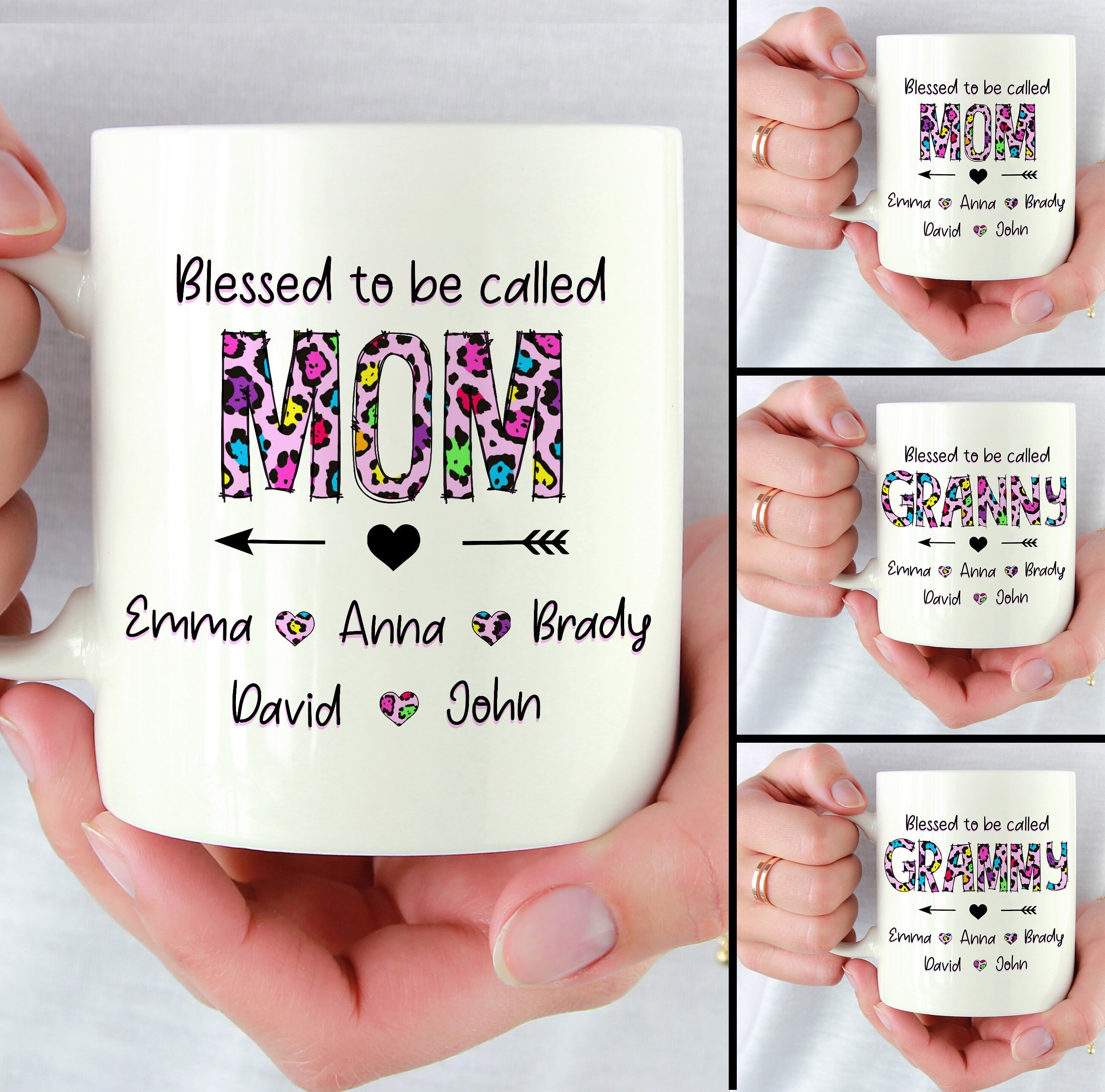 Personalized Rainbow Leopard Mug, Custom Blessed To Be Called Mom Mug, Mother’s Day Gift, Gift For Grandma, Momma, Gift From Kid.