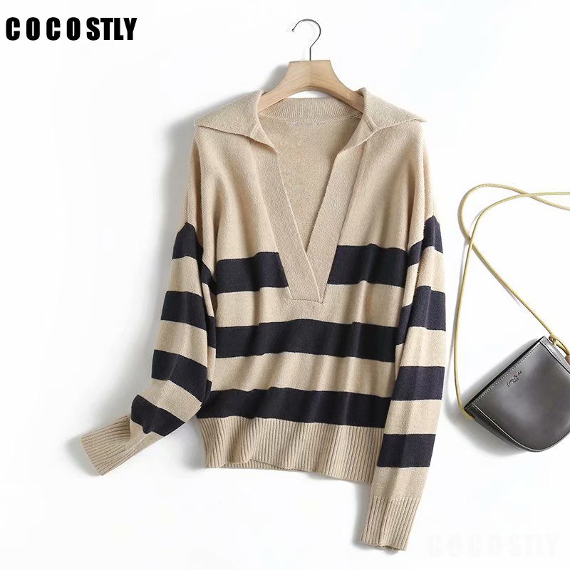 2022 Office Lady Striped V Neck Wool Women Sweaters Polo Shirt Long Sleeve Oversized Casual Wool Pullovers Female Sweaters alx