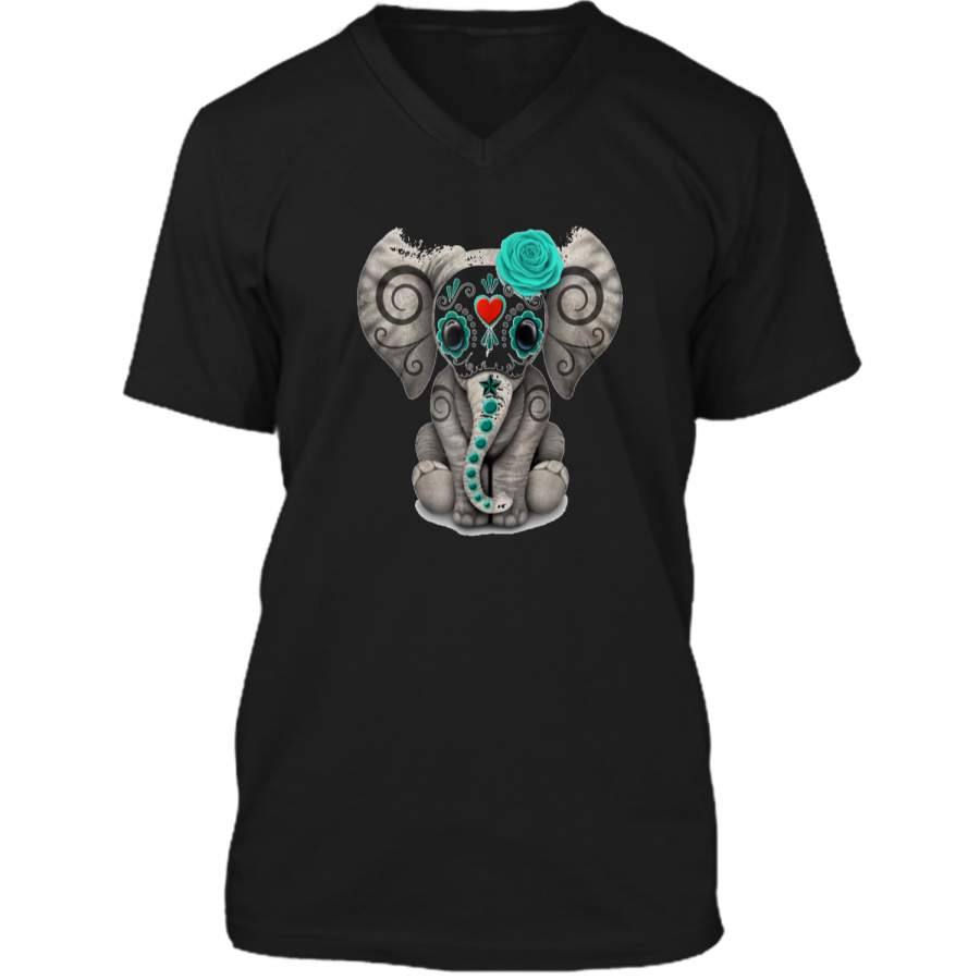 Sugar Skull Elephant Day Of The Dead Halloween  Mens Printed V-Neck T