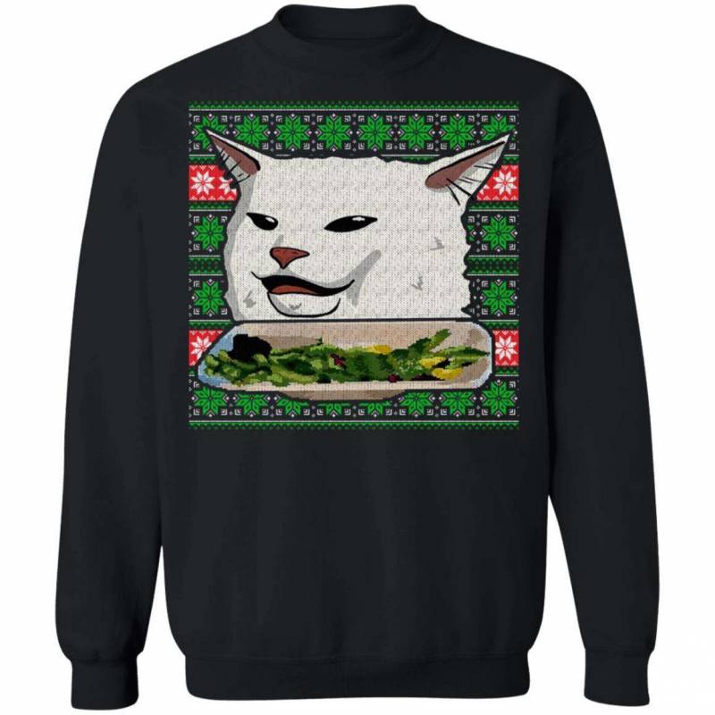 Confused Looking Cat Sweatshirt Ugly Sweater Woman Yelling at a Cat Meme MT