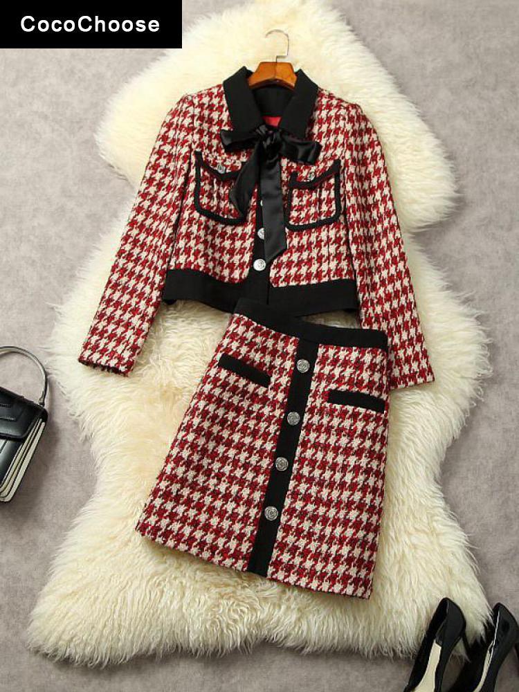 Autumn Winter Dress Set 2 Piece Womens Outfits 2022 Xmas Preppy Style Cute Bowknot Woolen Jacket Coat With Tweed Skirt Suit Red alx