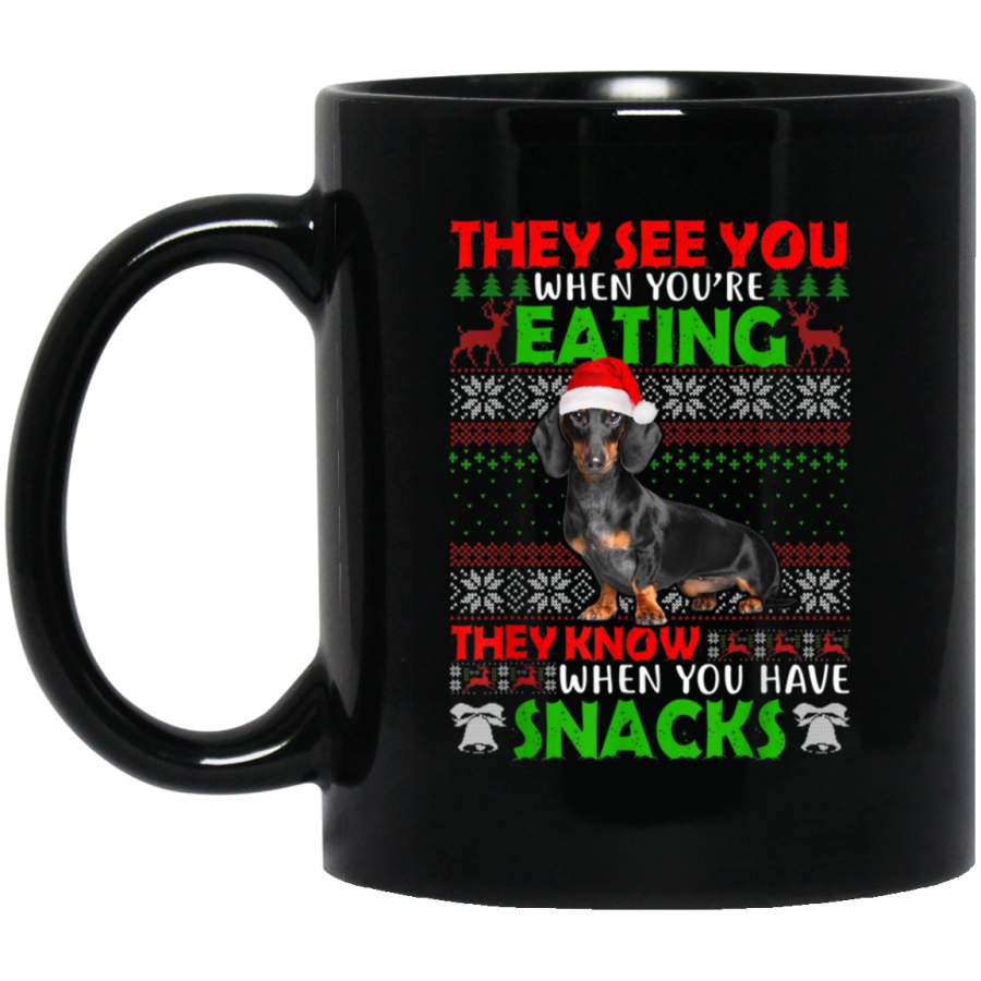 Ugly Sweater Dachshund They See You Eating Christmas 11 oz 15 oz Mug Black