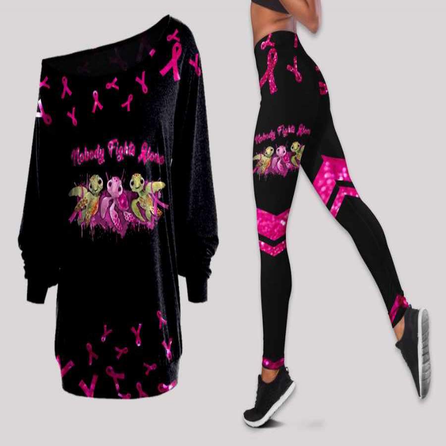 Turtle And Breast Cancer Ribbon Off Shoulder Long Sleeves Top and Leggings Set