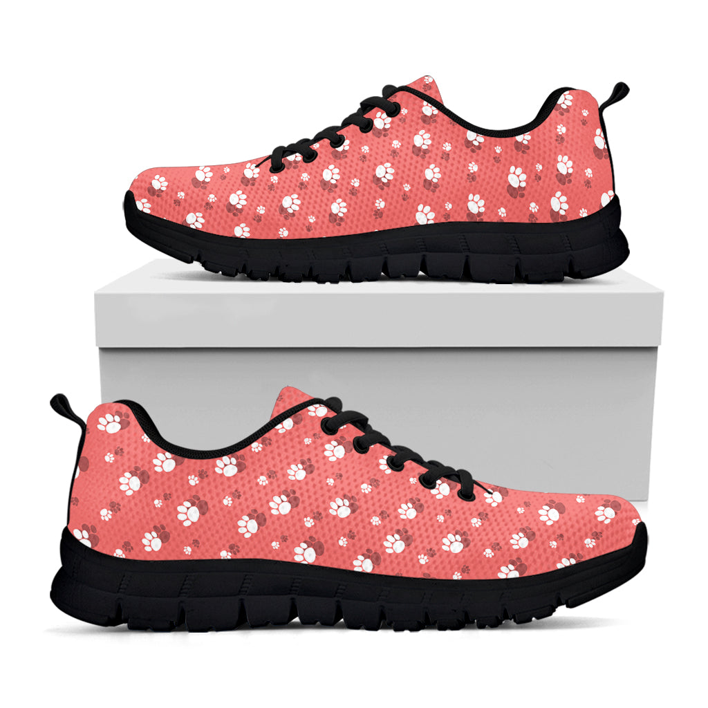 Pink And White Animal Paw Pattern Print Black Sneakers