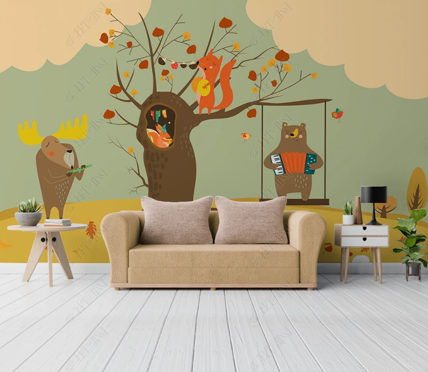 3D Hand Drawn Forest Animal Tree Wall Mural Wallpaper Lqh 78