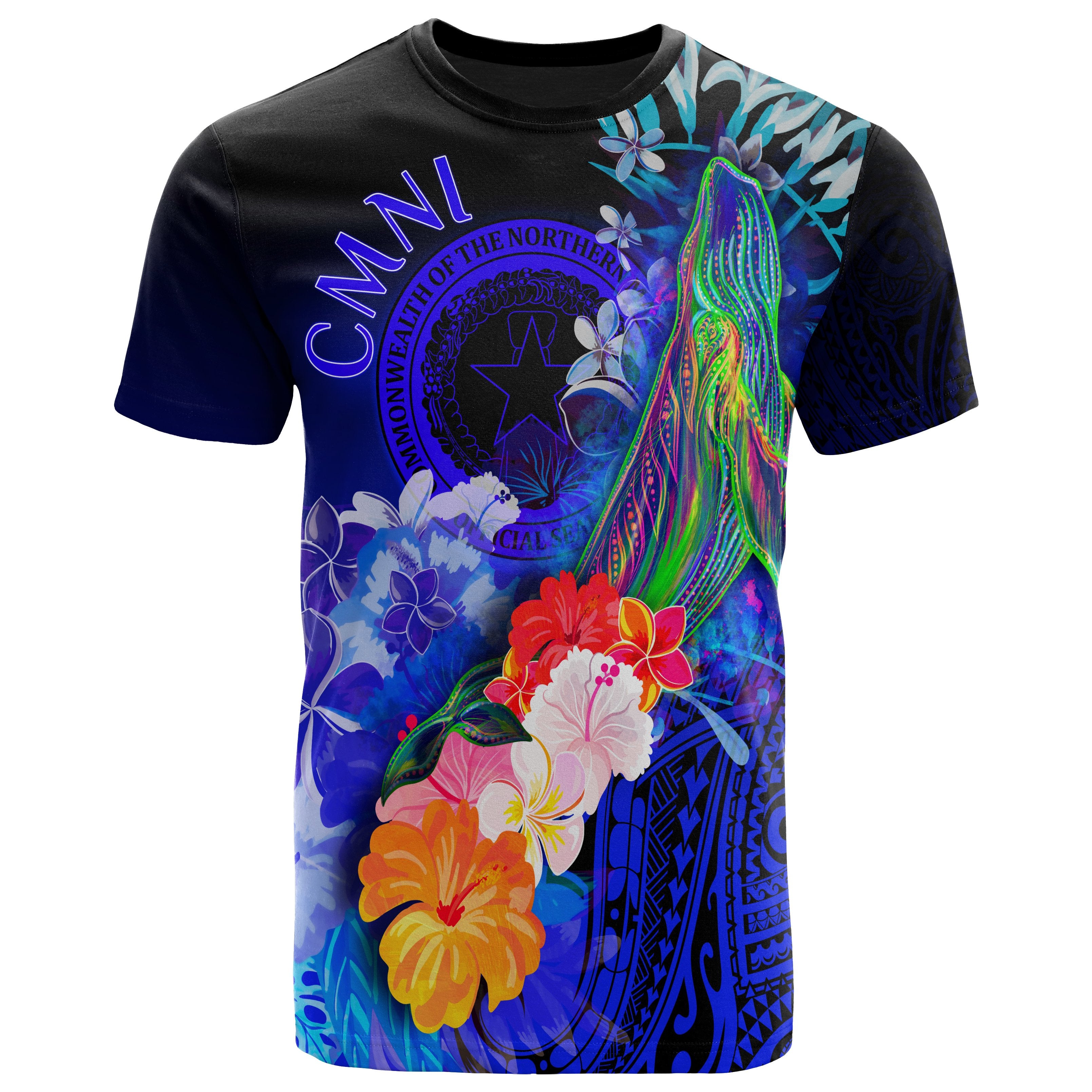 Cnmi T-Shirt – Humpback Whale With Tropical Flowers (Blue)