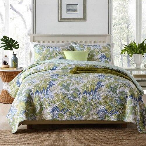 Quality Quilt Set 3PC Palm Leaves Cotton Quilts Quilted Bedspread Cover Bed Sheets Pillowcase Blanket Coverlet KING Size