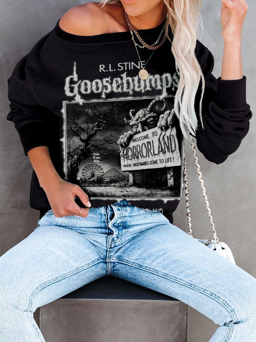 Vintage Welcome To Horrorland Print Long Sleeve Sweatshirt