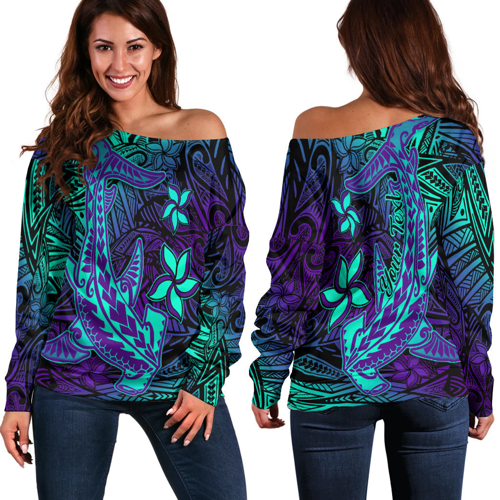 Custom Personalised Polynesian Off Shoulder Sweater Purple Paradise Hawaiian Tribal Hammerhead Shark Lt14