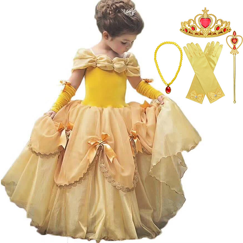 Baby Girls Beauty and the Beast Costume Tulle Kids Princess Belle Party Gown Halloween Birthday Girls Dress Clothes Summer Frock alx